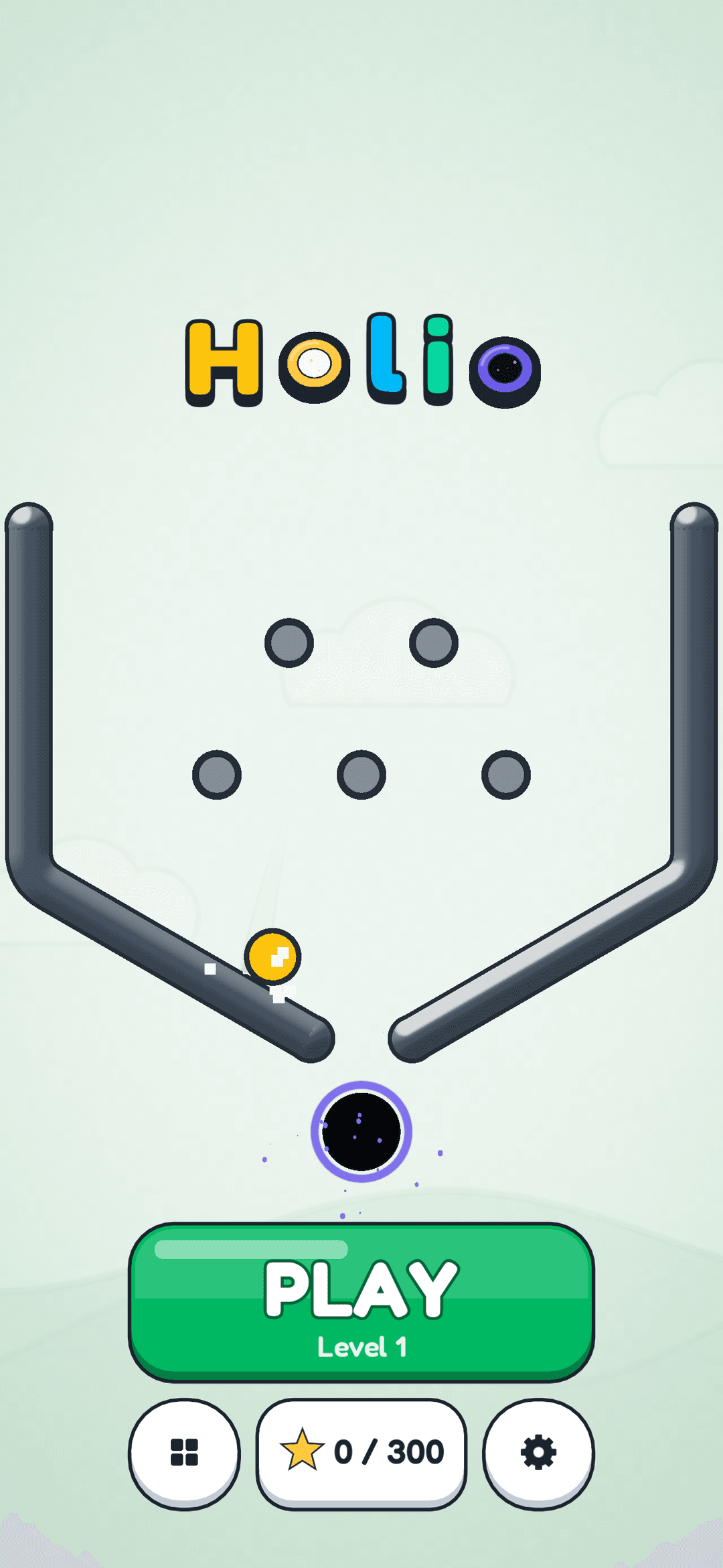 The Holio title screen with a little scene playing above the Play button