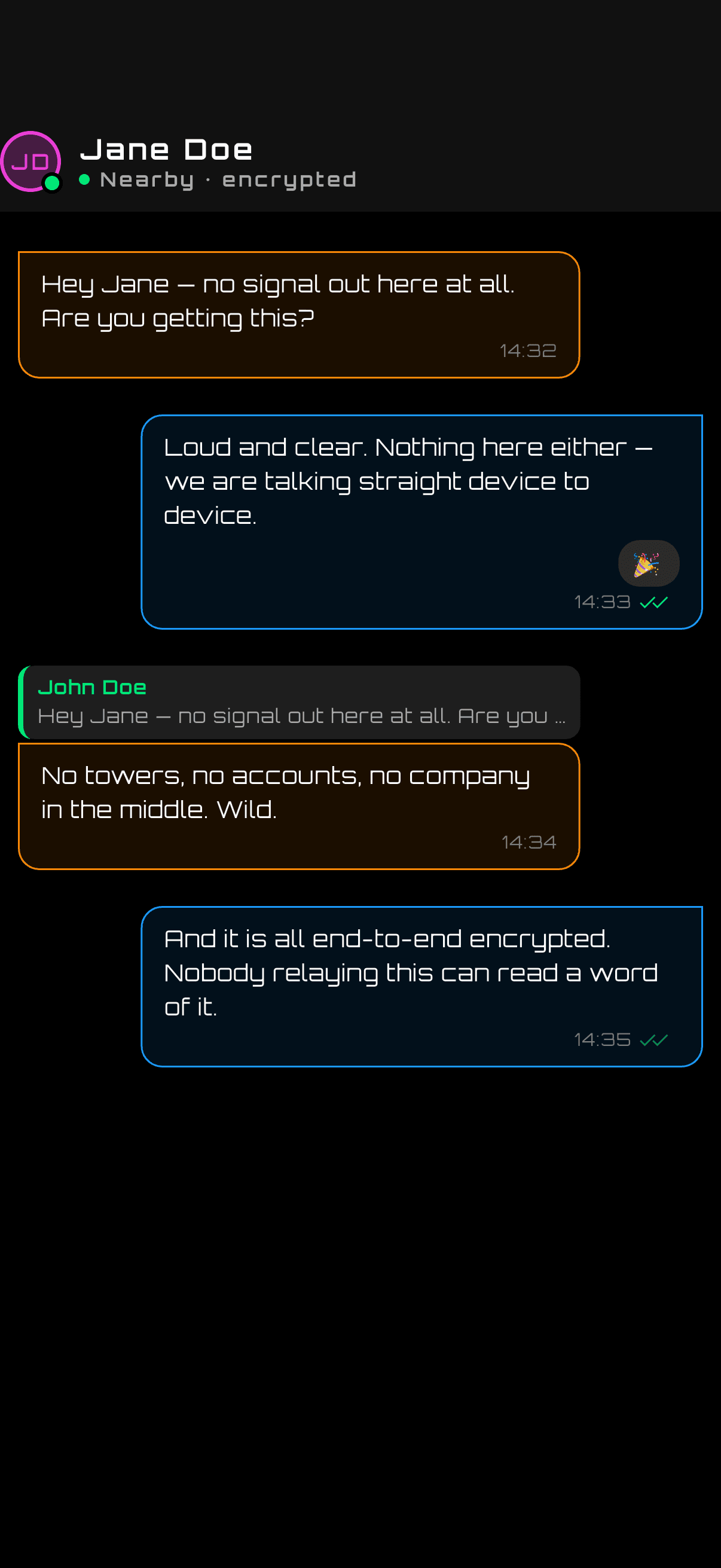A conversation between John Doe and Jane Doe, end-to-end encrypted