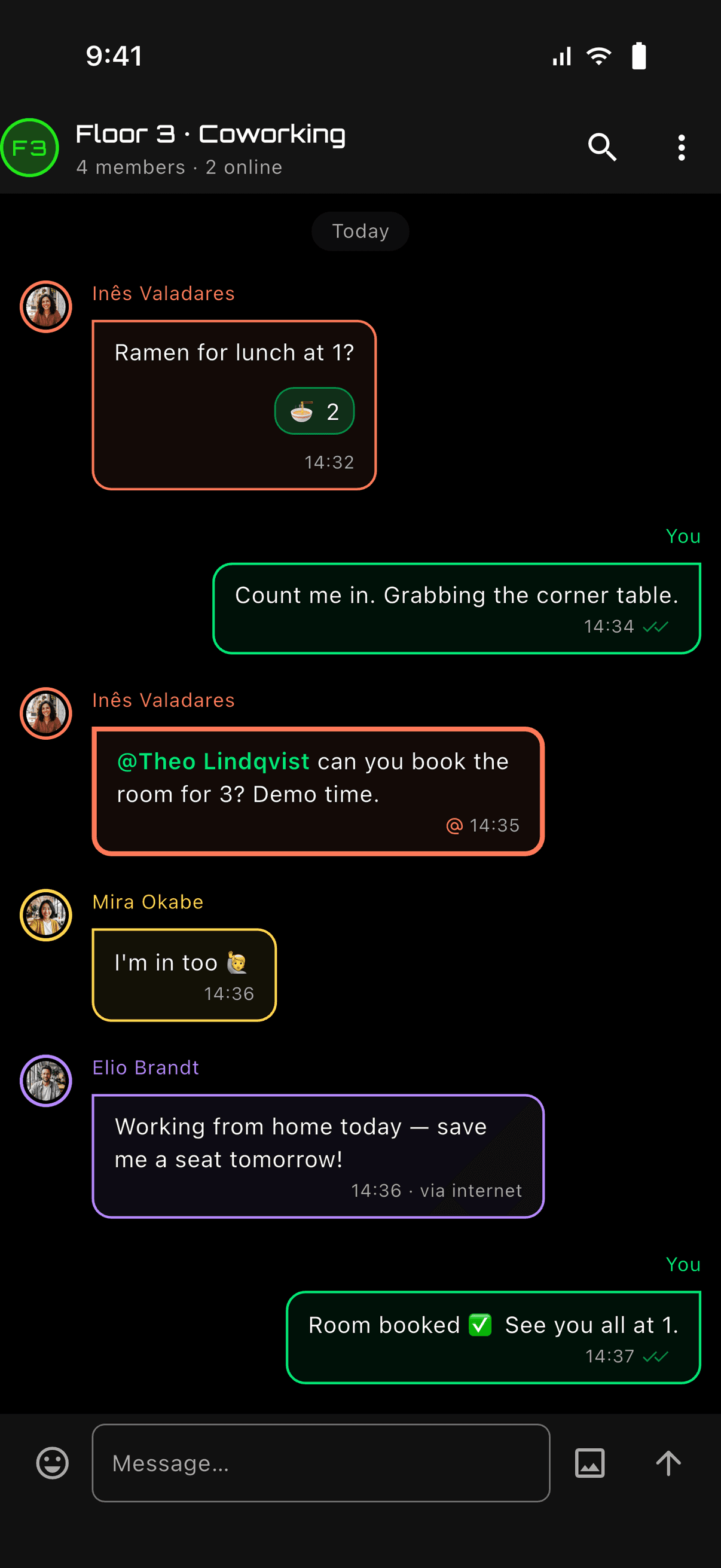 A coworking group chat with outlined message bubbles in each member's colour, an @mention, a reaction, a reply and a message marked "via internet"