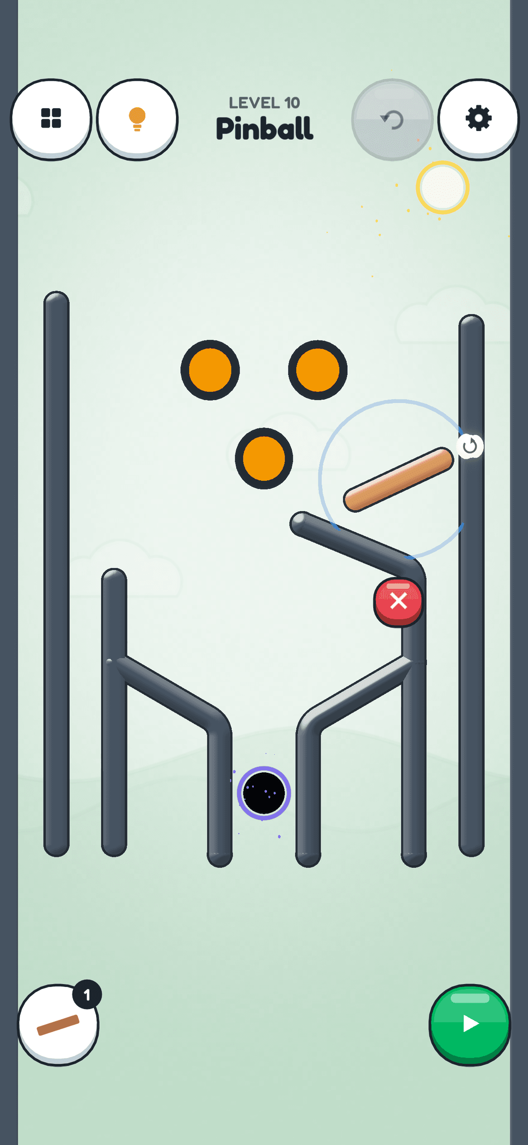 Level 10, Pinball: a plank placed between bumpers on a pinball-style table