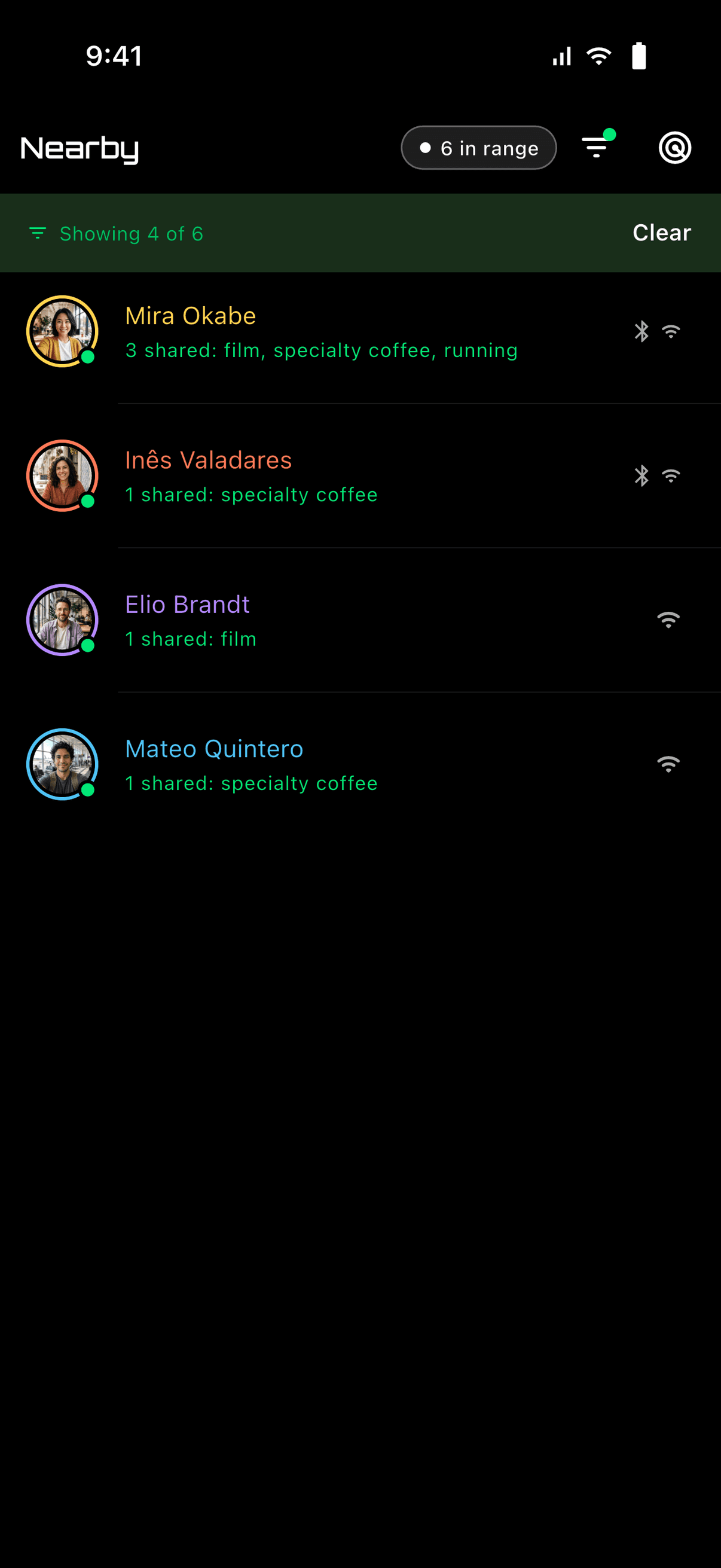 The Nearby list filtered by shared interests, showing four people and what each one shares with you