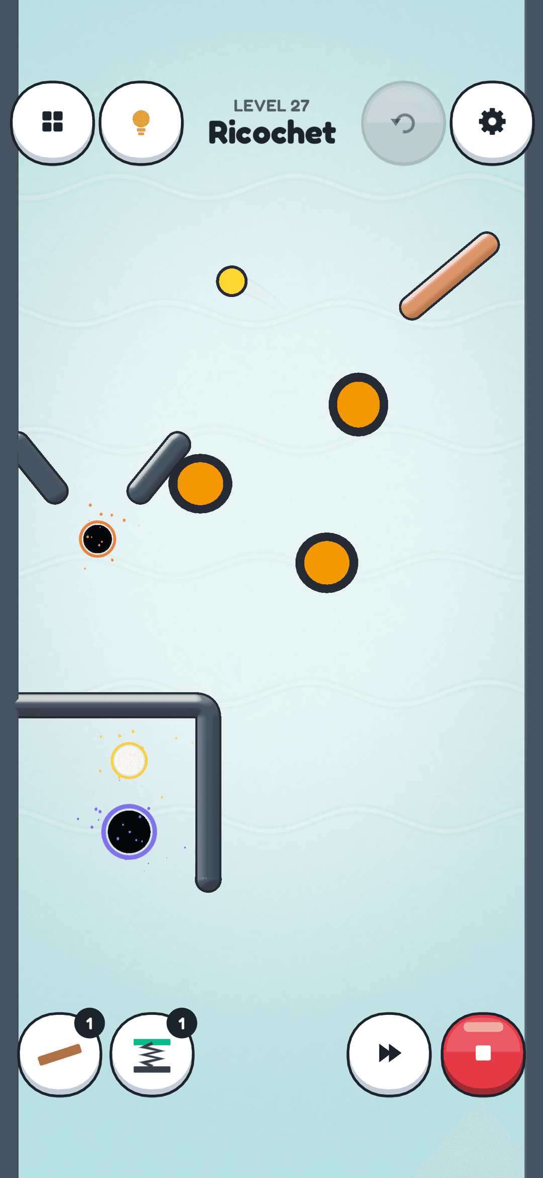 Level 27, Ricochet: the ball in flight between bumpers and a portal