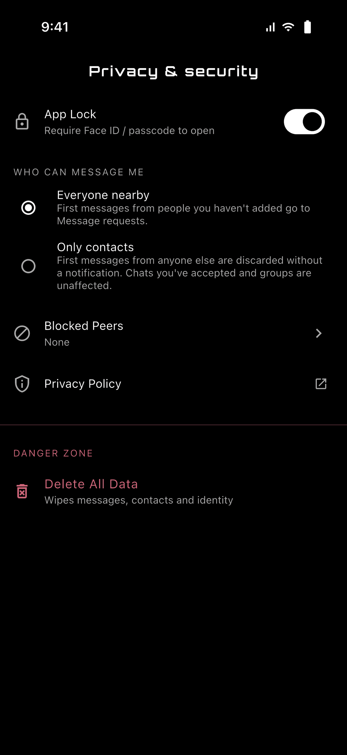 Privacy summary: end-to-end encrypted, no account, no servers of ours, internet only if you choose, no analytics