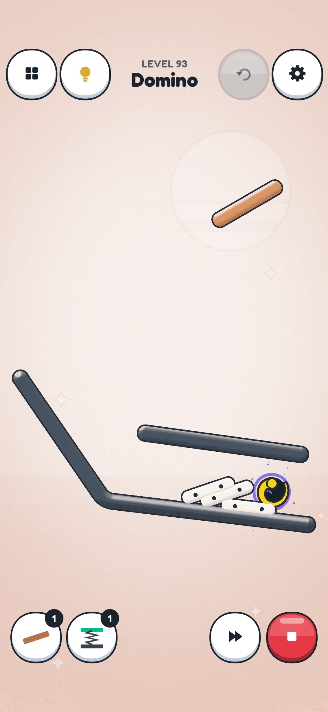 Level 93, Domino: the ball knocks a row of dominoes and warps into the black hole