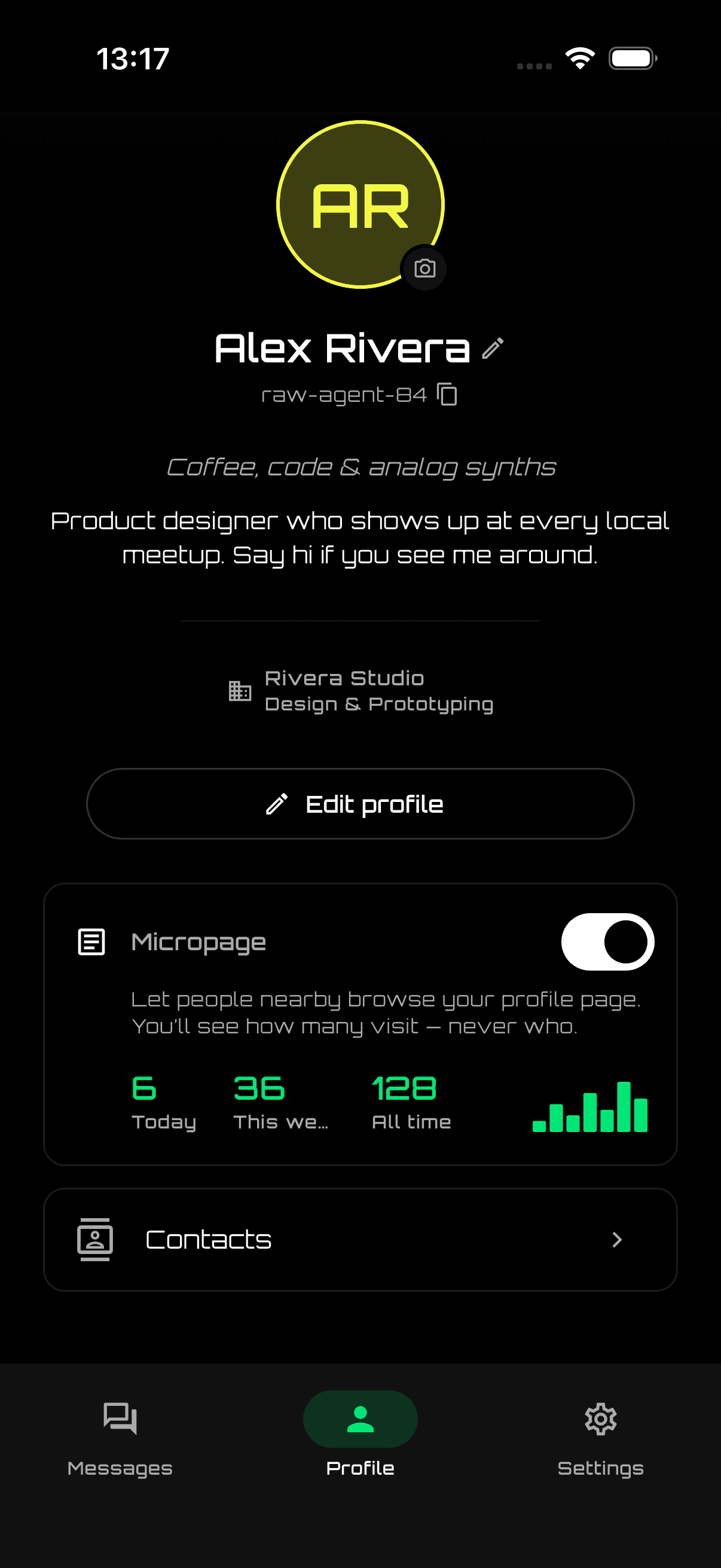 A profile with a published micropage and an anonymous visit counter — 6 today, 36 this week, 128 all time — with a weekly trend