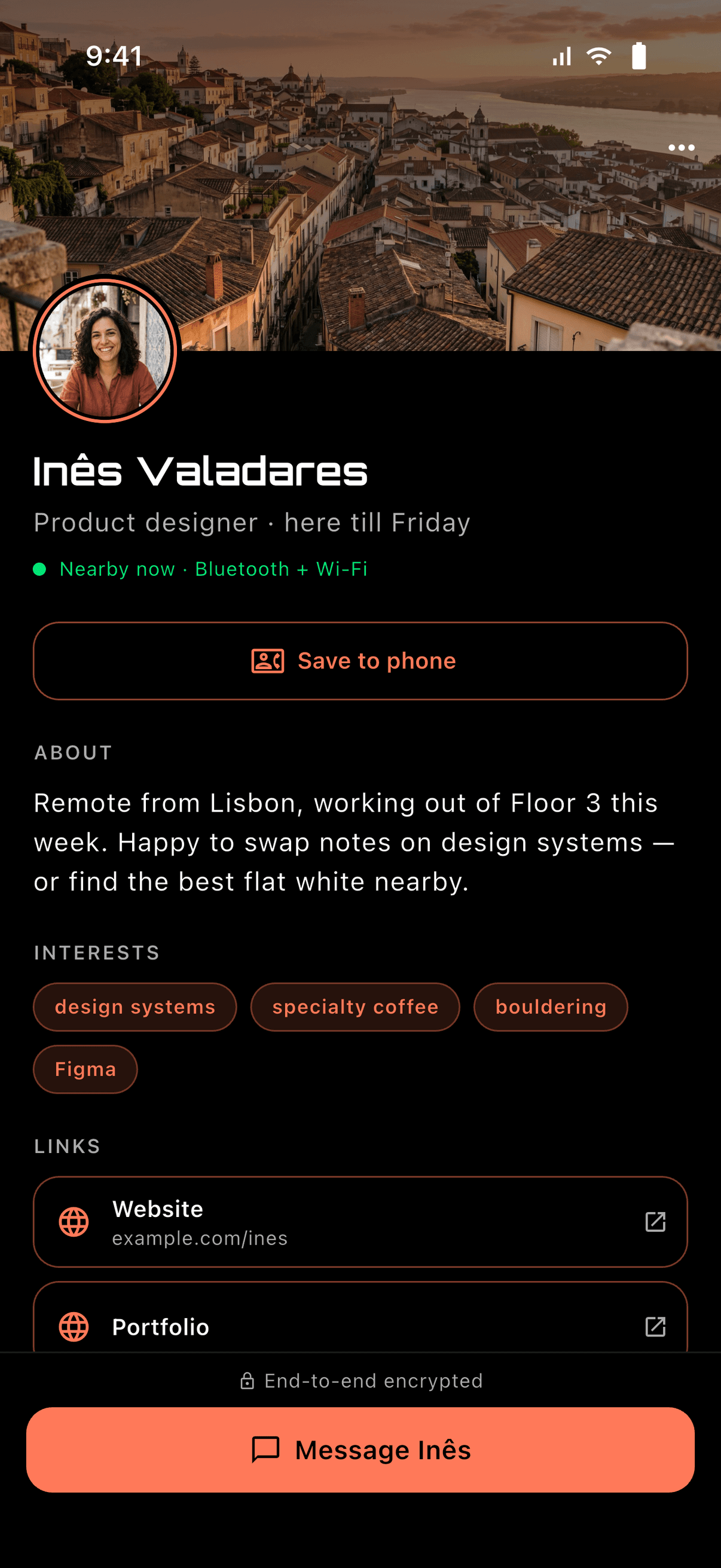 Inês Valadares's profile — cover, tagline, nearby now, about, interests and links — with a Save to phone button and a Message Inês button