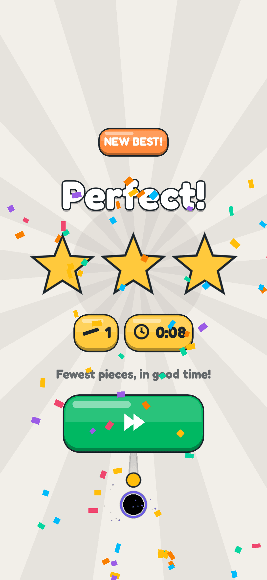The win screen: Perfect, three stars, one piece used and a new best time