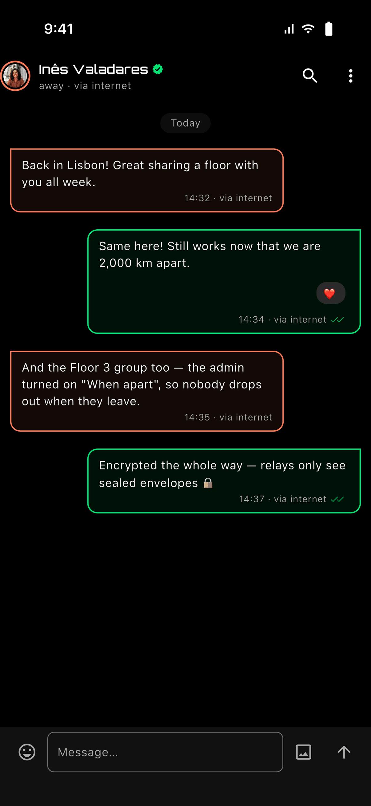 A conversation with messages marked "via internet" while apart