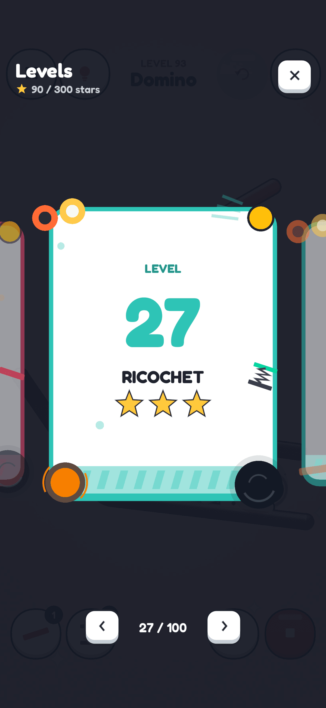 The level picker showing level 27, Ricochet, with three stars