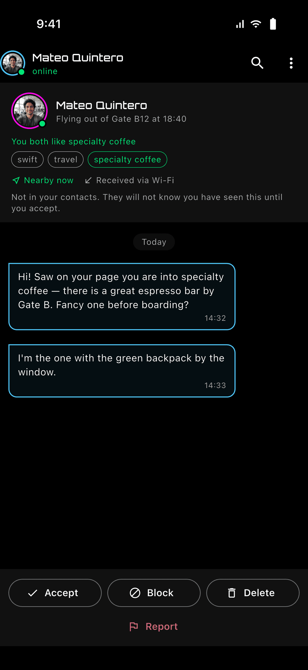 A message request from someone not in your contacts, with a sender card and Accept, Block and Delete buttons
